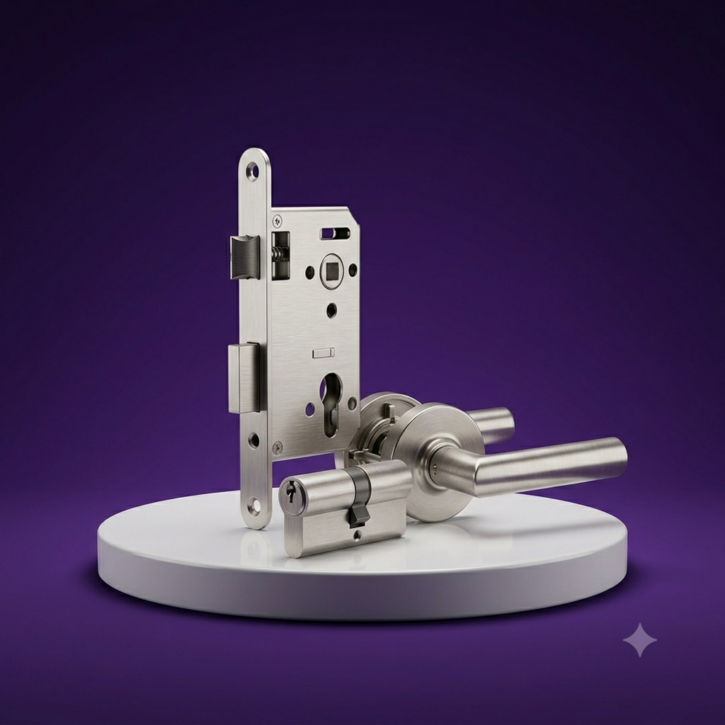 Door locks, a cylinder and a handle on a studio podium