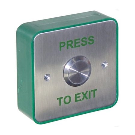 CQR AEB26 Surface Mounted Stainless 22mm Exit Button NO/NC - Legend "Press To Exit" - Stainless Steel / Green Back Box (LEAD TIME: 2-3 DAYS)