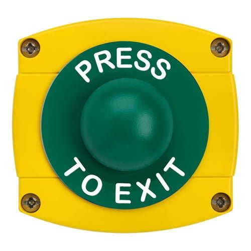 CQR AEB41 IP66 Yellow/Green Surface Box With Momentary Green Dome - Legend "Press To Exit" (LEAD TIME: 2-3 DAYS)