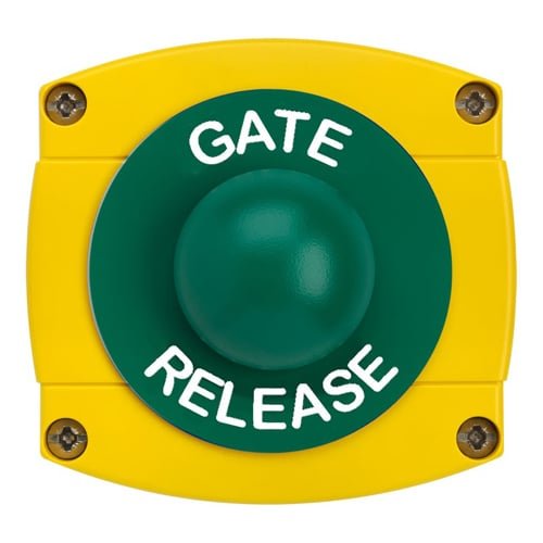 CQR AEB42 IP66 Yellow/Green Surface Box With Momentary Green Dome - Legend "Gate Release" (LEAD TIME: 2-3 DAYS)