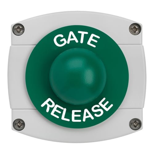 CQR AEB45 IP66 Grey/Green Surface Box With Momentary Green Dome - Legend "Gate Release" (LEAD TIME: 2-3 DAYS)
