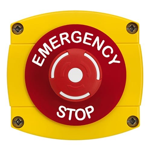 CQR AEB53 IP66 Yellow/Red Surface Box With Red Push On / Twist Off Button - Legend "Emergency Stop" (LEAD TIME: 2-3 DAYS)