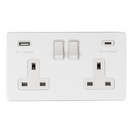 Eurolite ECW2USBCW 2-Gang 13Amp Switched Socket with USB-C White (LEAD TIME: 2-3 DAYS)