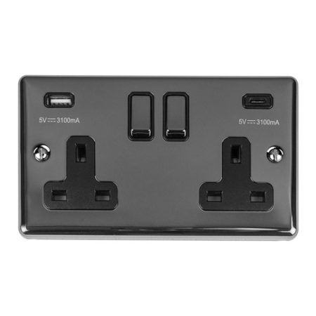 Eurolite EN2USBCBNB 2-Gang 13Amp Switched Socket with USB-C - Black Nickel (LEAD TIME: 2-3 DAYS)