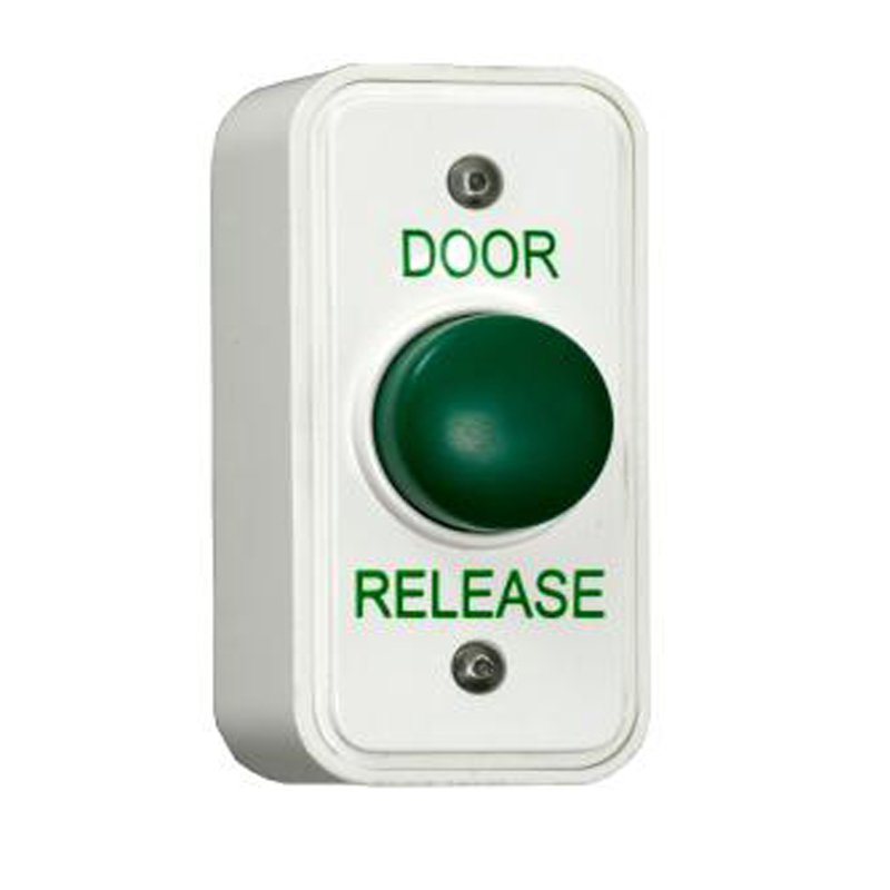 CQR AEB18/DR Surface Mounted Narrow Plastic Green Dome Button - Legend "Door Release" (LEAD TIME: 2-3 DAYS)