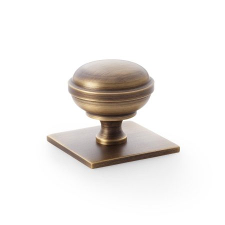 Alexander & Wilks AW826-38-AB Quantock Cupboard Knob On Square Backplate - Antique Brass 38mm (LEAD TIME: 2-3 DAYS)
