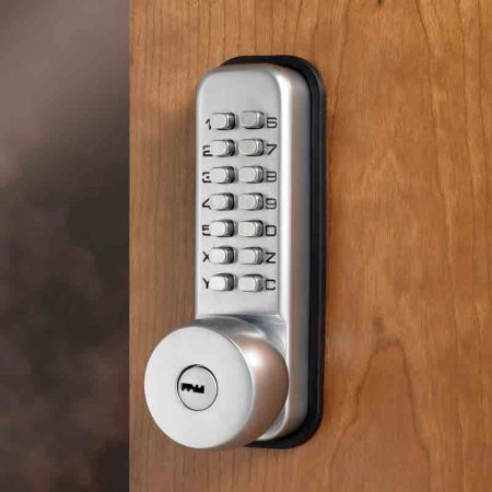 CQR SBL350/S Push Button Lock | Traditional Code | Knob | Satin Chrome | 3 - 7 Digits | With Key Override (LEAD TIME: 2-3 DAYS)