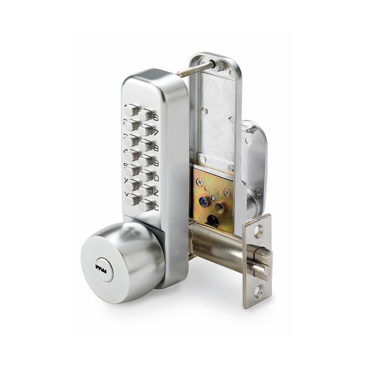 CQR SBL350.SFR/KA Push Button Lock | Traditional Code | Fire Rated | Knob | Satin Chrome | 3 - 7 Digits | With Key Override Keyed (LEAD TIME: 2-3 DAYS)